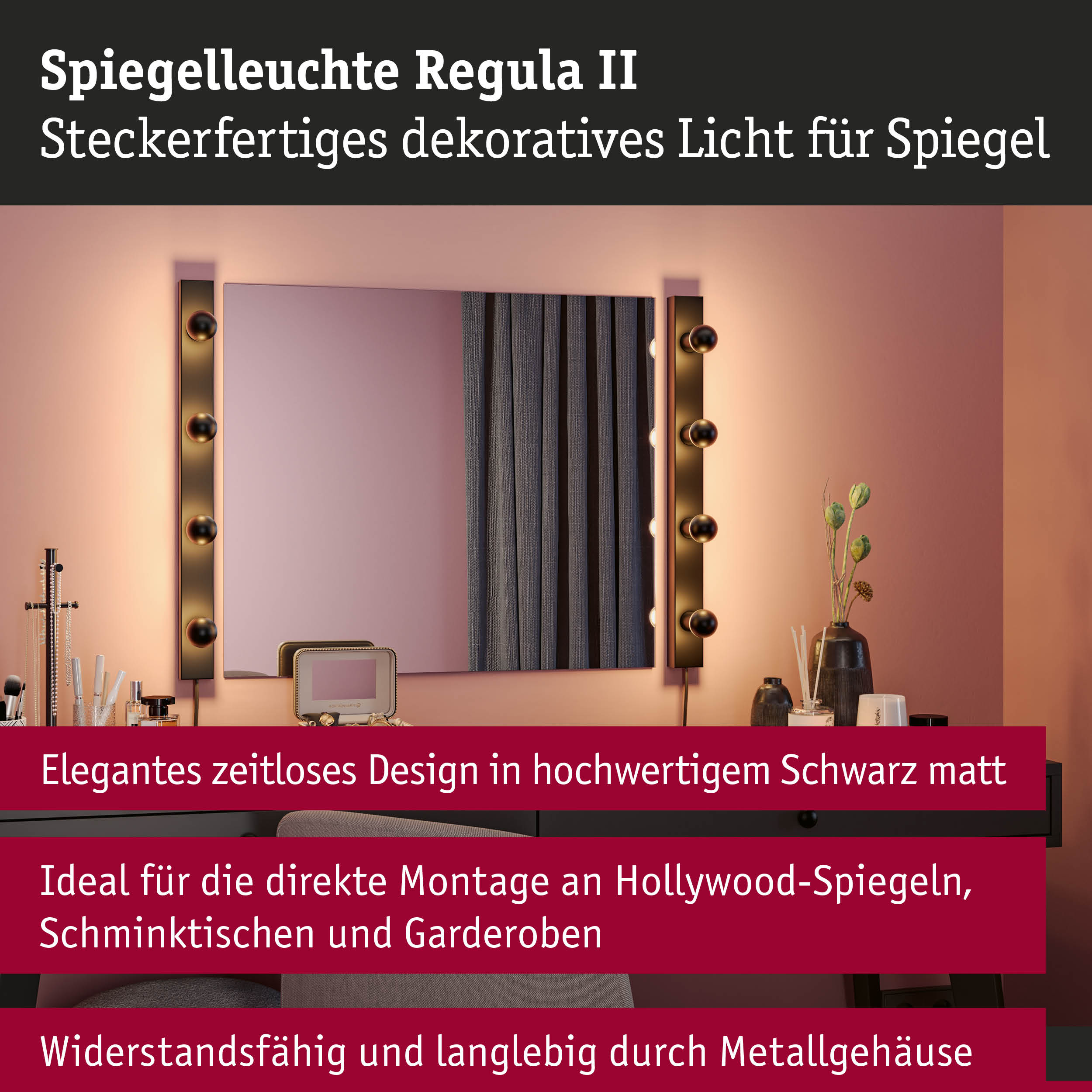 Set Spiegelleuchte Regula II inkl. Leuchtmittel 4-flammig E14 2700K 4x250lm 230V 4x2,5W dimmbar Schwarz/Kopfspiegel Schwarz matt