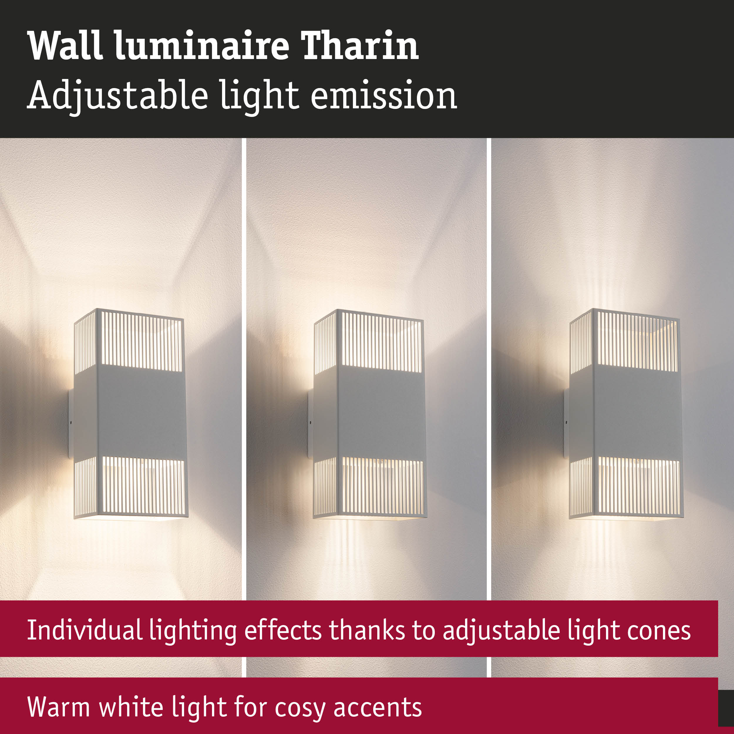 White metal wall luminaire Tharin with adjustable light emission and warm white light for cozy accents