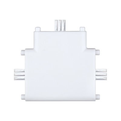 White plastic T-connector with metal contacts for LED track lighting systems