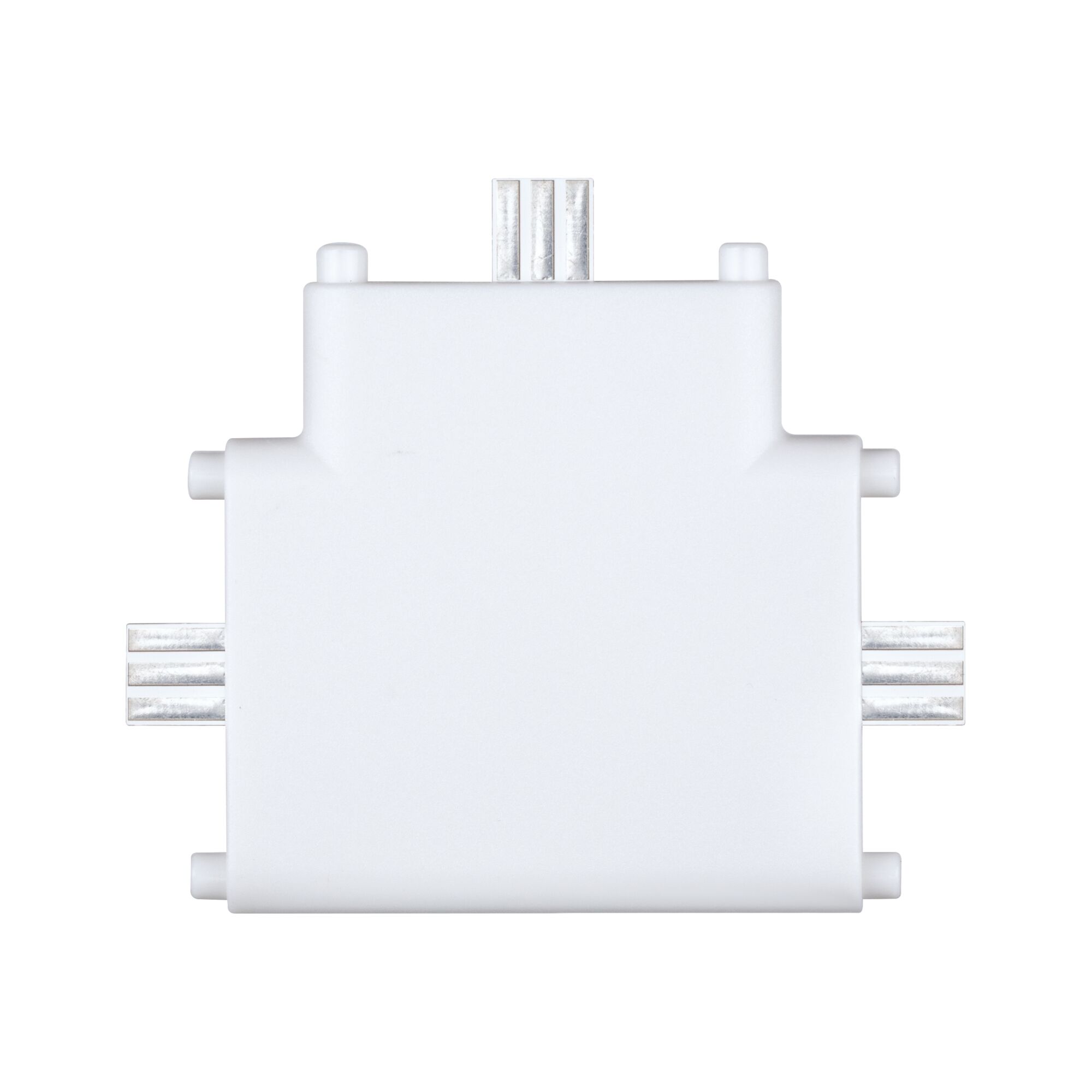 Witte kunststof T-connector met metalen contacten voor LED-rails verlichtingssystemen