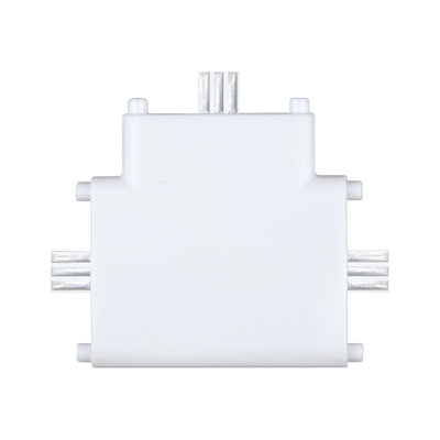Witte kunststof T-connector met metalen contacten voor LED-rails verlichtingssystemen