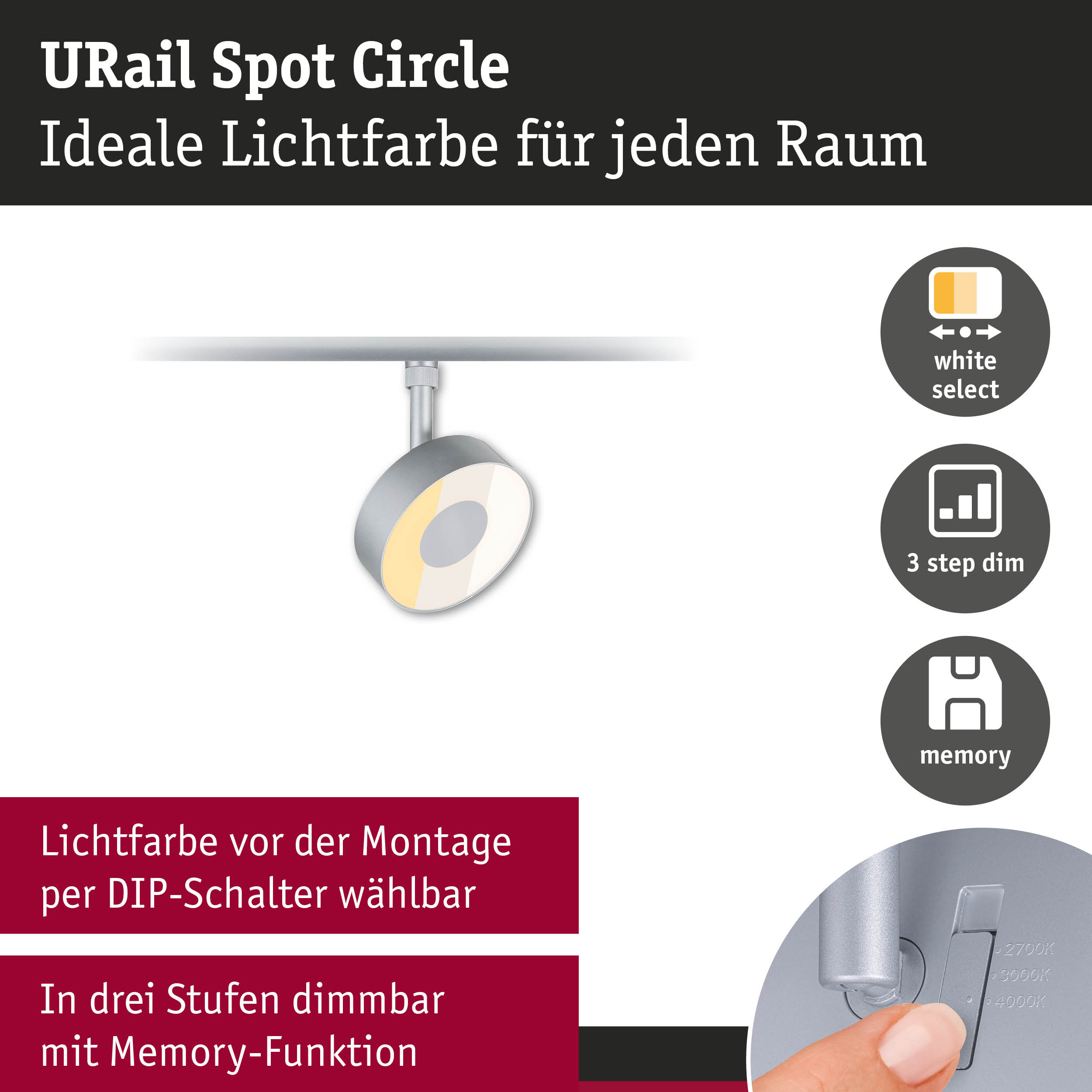 URail Spot Circle LED-Strahler in Grau mit einstellbarer Lichtfarbe und 3-Stufen-Dimmung