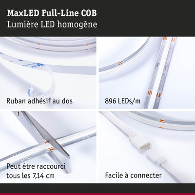 Bande LED MaxLED Full-Line COB avec ruban adhésif blanc, 896 LEDs/m, coupable et facile à connecter