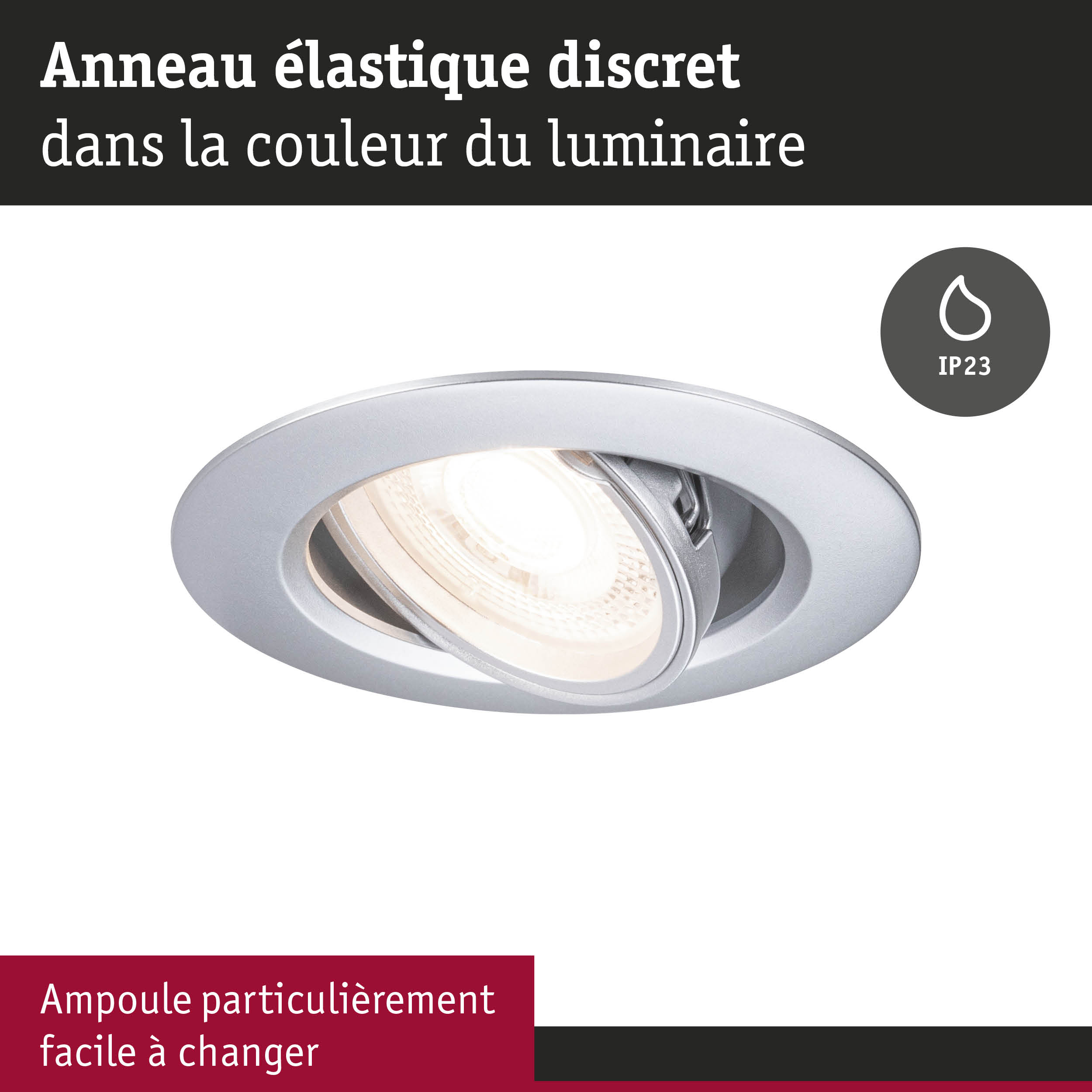 Spot encastré rond en métal argenté avec indice IP23 et ampoule facile à changer
