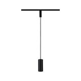 Black metal pendant light with cylindrical design and cable suspension for modern interior lighting