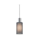 Modern pendant light with grey fabric shade and chrome metal for stylish room lighting