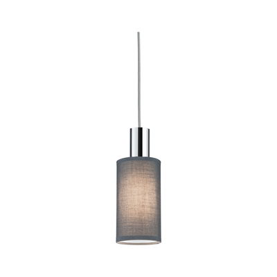 Modern pendant light with grey fabric shade and chrome metal for stylish room lighting