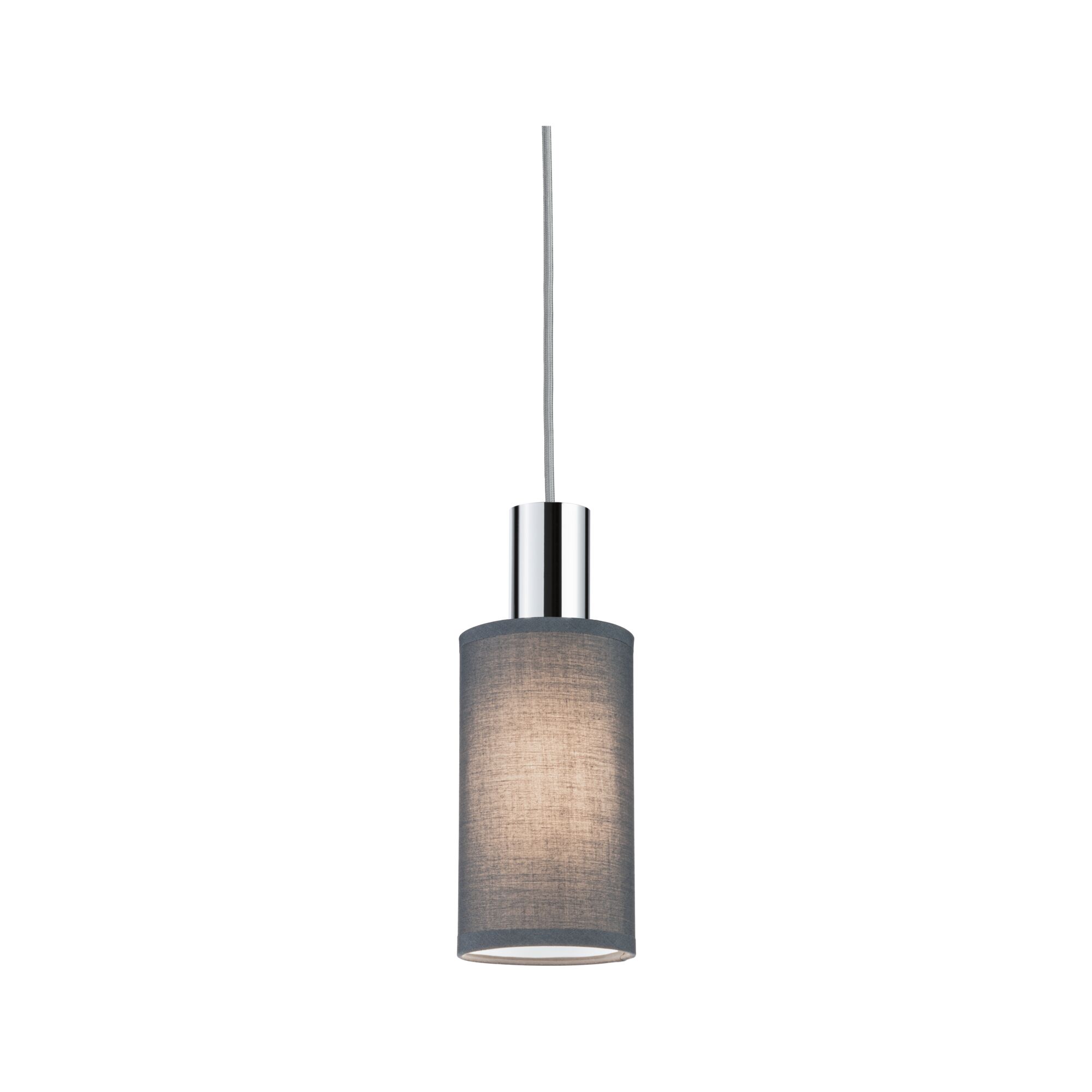 Modern pendant light with grey fabric shade and chrome metal for stylish room lighting