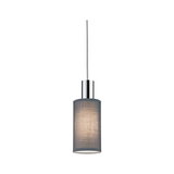 Modern pendant light with grey fabric shade and chrome metal for stylish room lighting