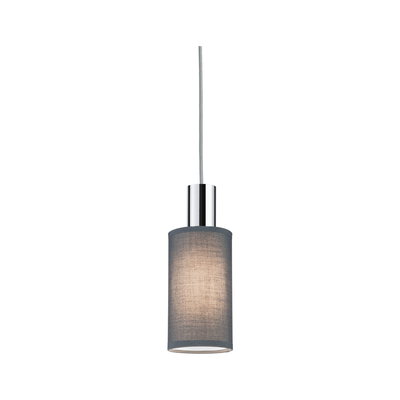 Modern pendant light with grey fabric shade and chrome metal for stylish room lighting