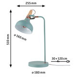 Tischlampe aus Metall in Mintgrün mit Holzgriff und Kupferdetails, Maße und Kabellänge dargestellt