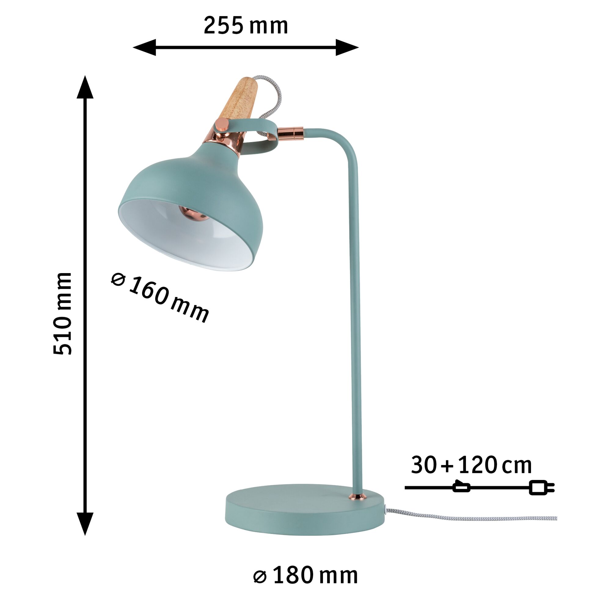 Tischlampe aus Metall in Mintgrün mit Holzgriff und Kupferdetails, Maße und Kabellänge dargestellt
