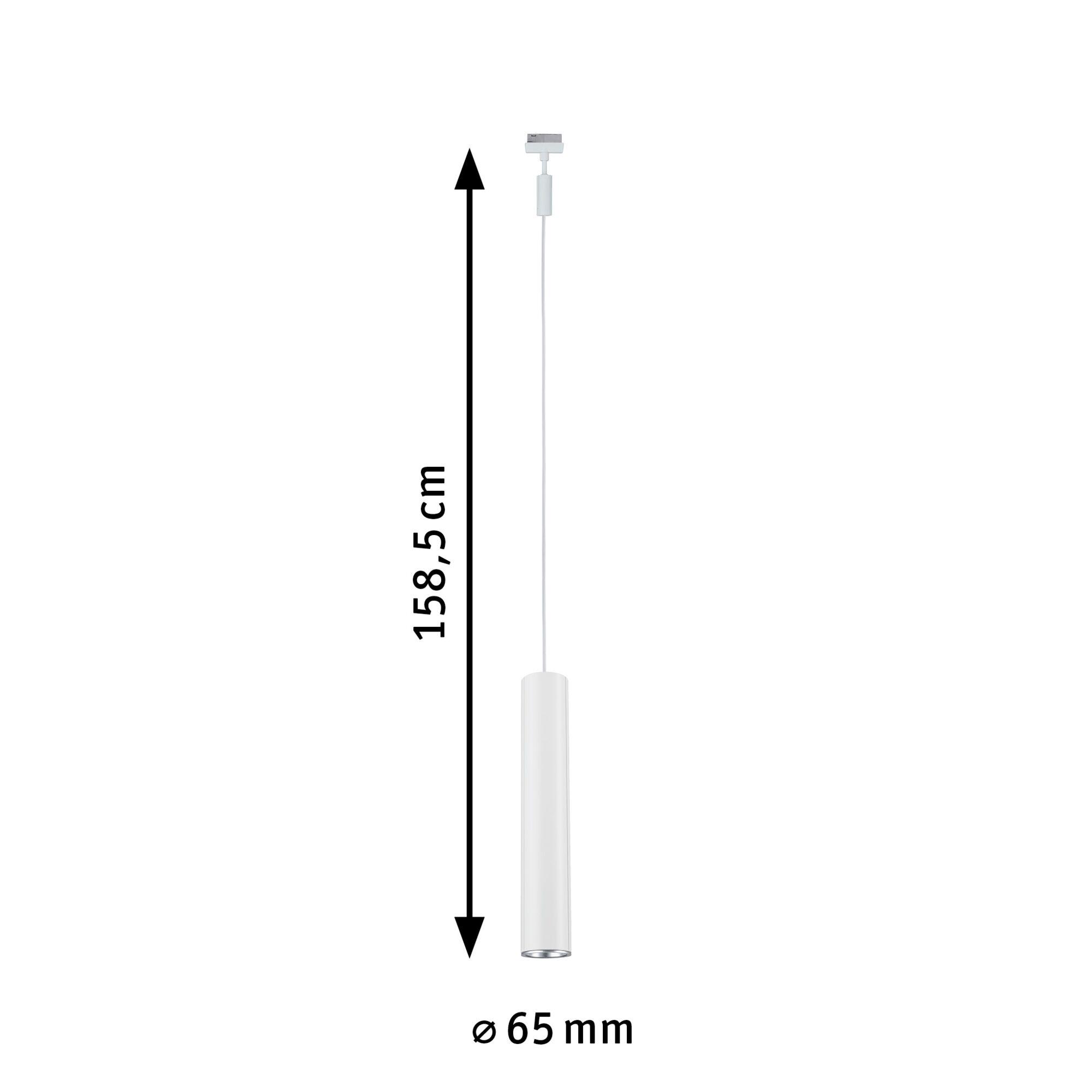 White cylindrical metal LED pendant light measuring 158.5 cm length and 65 mm diameter
