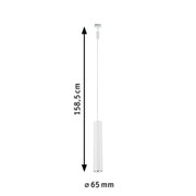 White cylindrical metal LED pendant light measuring 158.5 cm length and 65 mm diameter