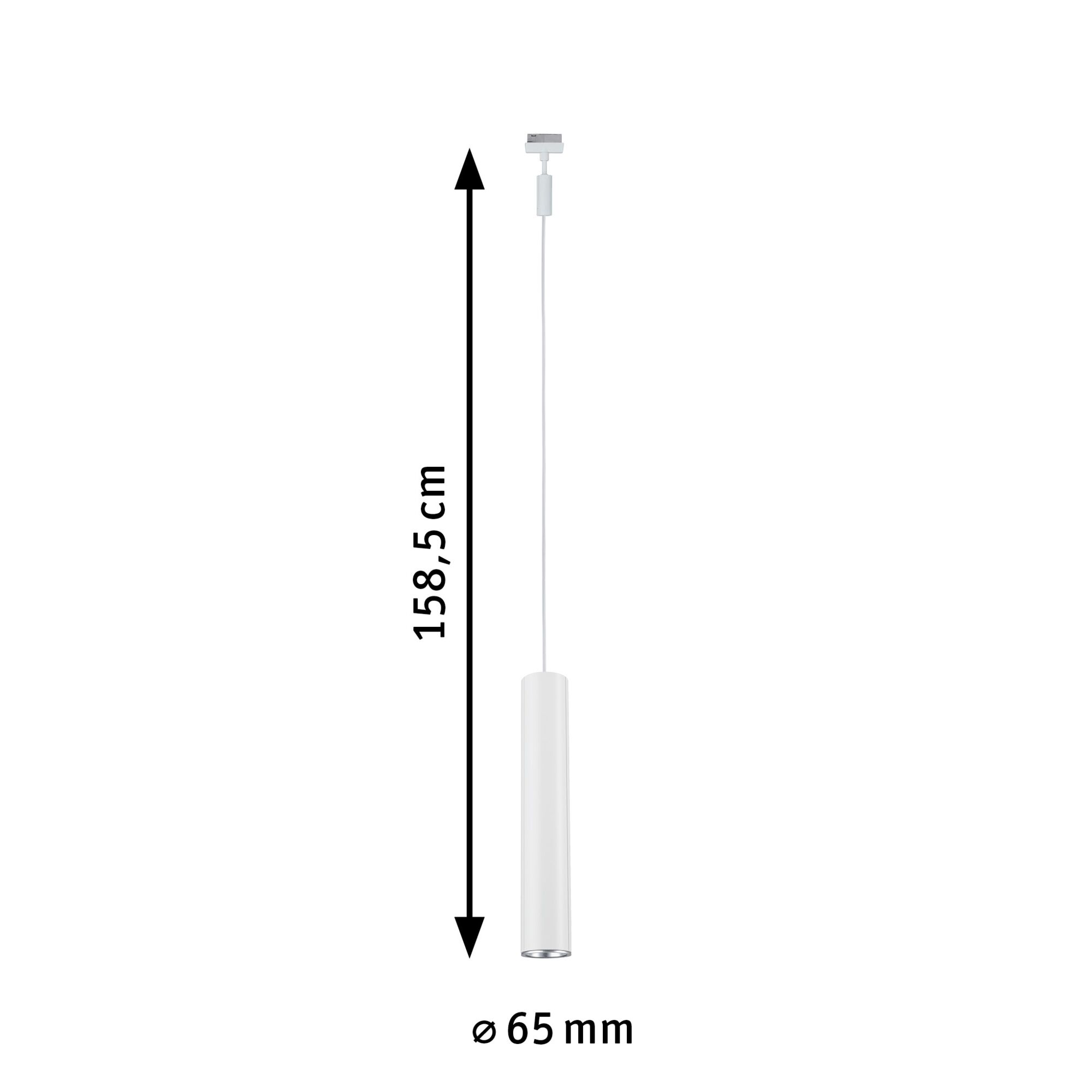 White cylindrical metal LED pendant light measuring 158.5 cm length and 65 mm diameter