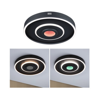 Plafonnier LED noir avec anneaux lumineux blancs circulaires et centre changeant de couleur pour éclairage moderne
