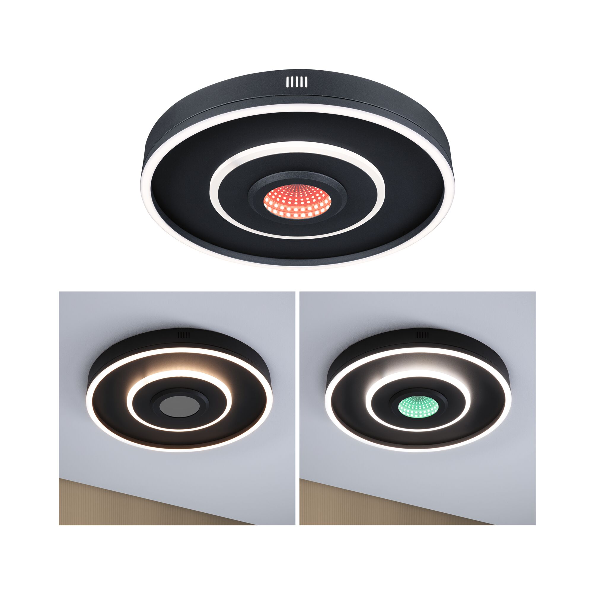 Wand-/Deckenleuchte Spaceglow Four RGB+ 1200lm 230V 22W dimmbar Schwarz matt Schwarze LED-Deckenleuchte mit runden weißen Lichtringen und farbwechselnder Mitte für moderne Raumbeleuchtung