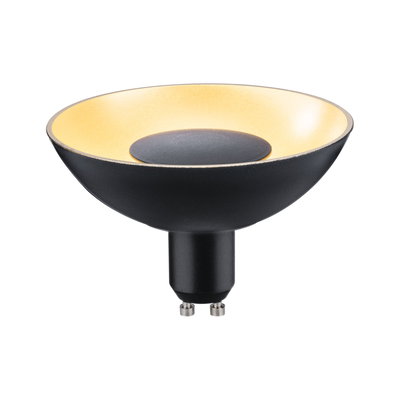 Black GU10 LED bulb with gold reflector surface for warm white light and energy-efficient lighting