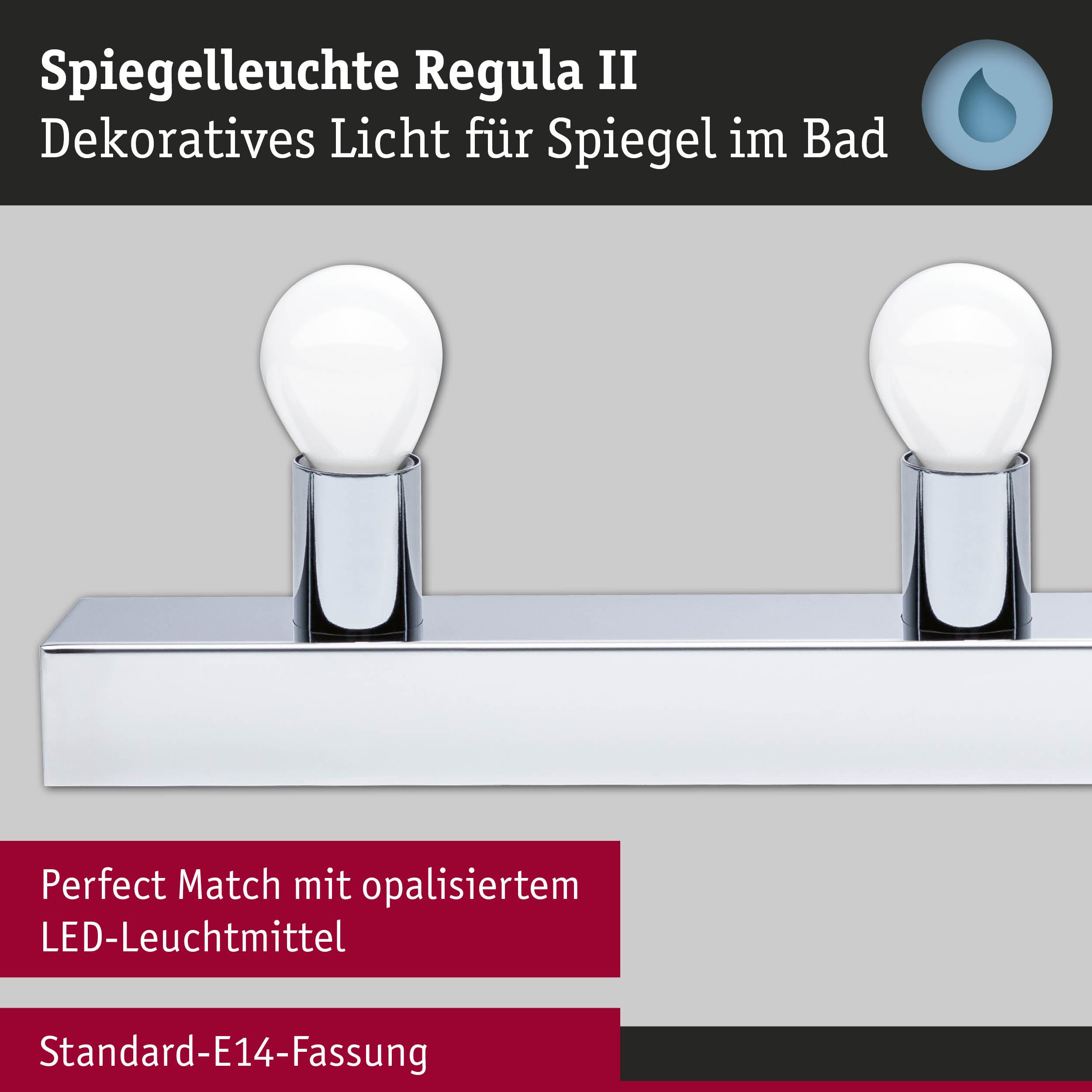 Spiegelleuchte Regula II aus Chrom mit zwei opalisierten LED-Leuchtmitteln für Badspiegelbeleuchtung