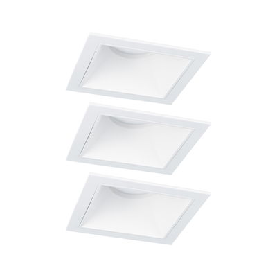 Drei weiße quadratische Einbauleuchten aus Kunststoff für moderne LED-Deckenbeleuchtung