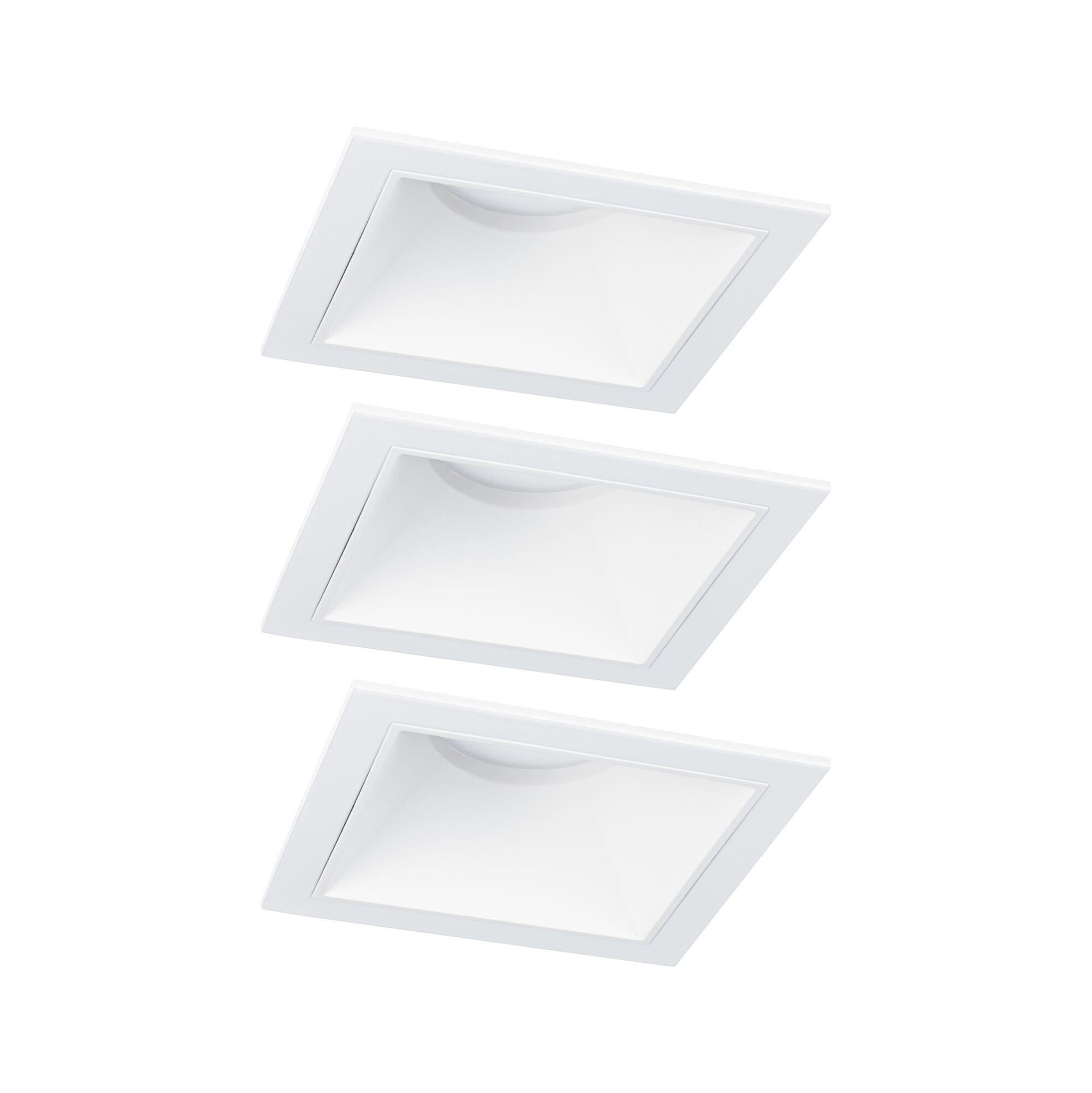 Three white square recessed lights made of plastic for modern LED ceiling lighting