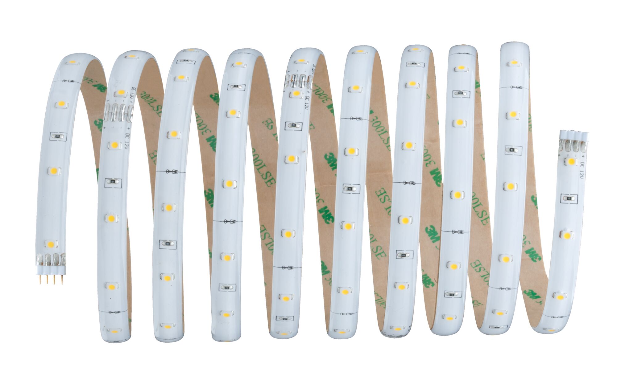 Flexible white LED strip with yellow LEDs and adhesive backing for versatile lighting solutions.