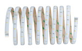 Flexible white LED strip with yellow LEDs and adhesive backing for versatile lighting solutions.