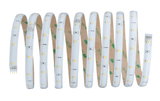 Flexible white LED strip with yellow LEDs and adhesive backing for versatile lighting solutions.