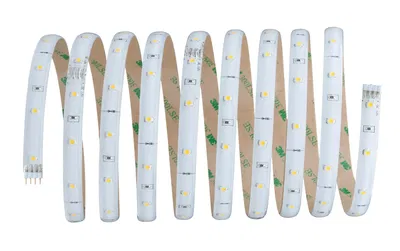 Flexibler weißer LED-Lichtstreifen mit gelben LEDs und selbstklebender Rückseite für vielseitige Beleuchtung.