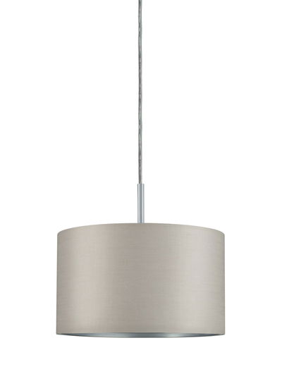 Suspension avec abat-jour en tissu beige et structure métallique argentée pour éclairage intérieur moderne