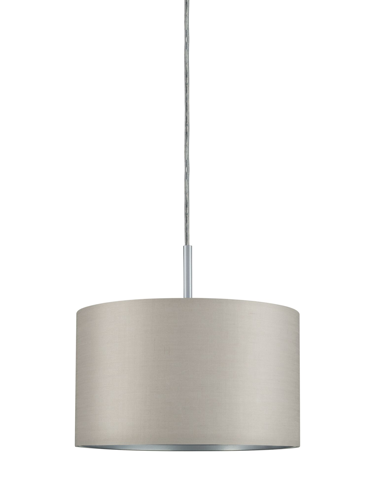 Pendant lamp with beige fabric shade and silver metal frame for modern home lighting