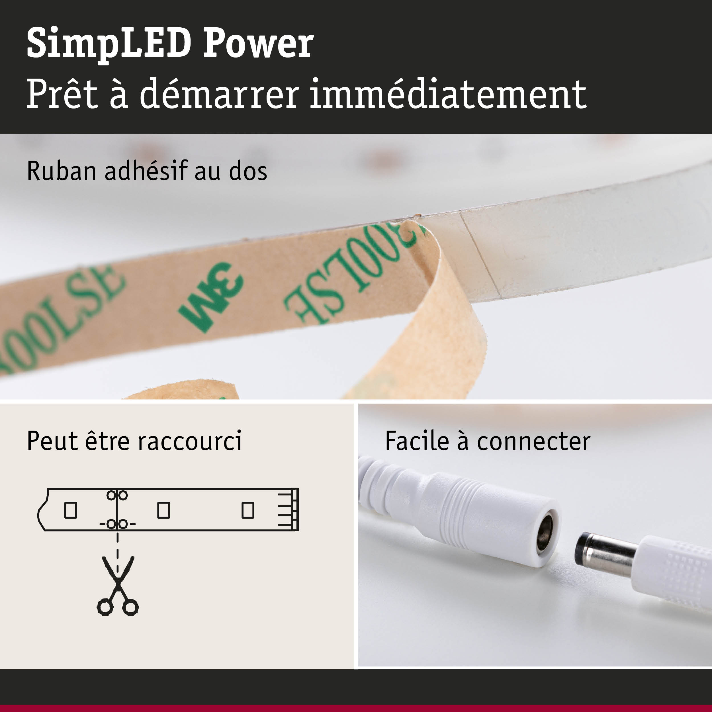 Ruban adhésif 3M et connecteur de câble blanc pour éclairage LED avec connexion facile