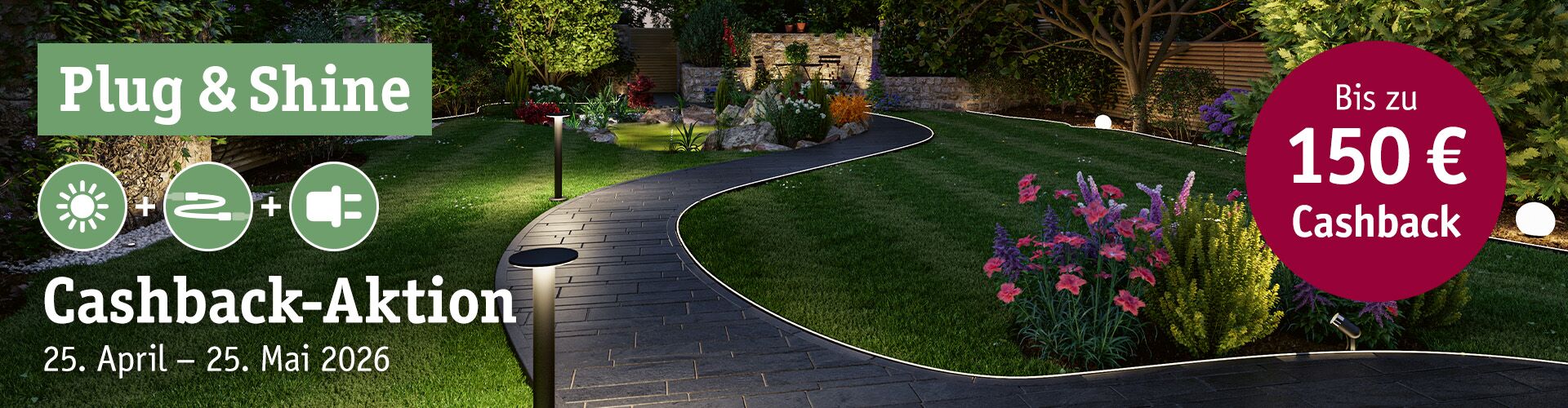 Gartenweg mit moderner Plug & Shine LED-Außenbeleuchtung und Cashback-Aktion bis 150 Euro im Frühling 2026