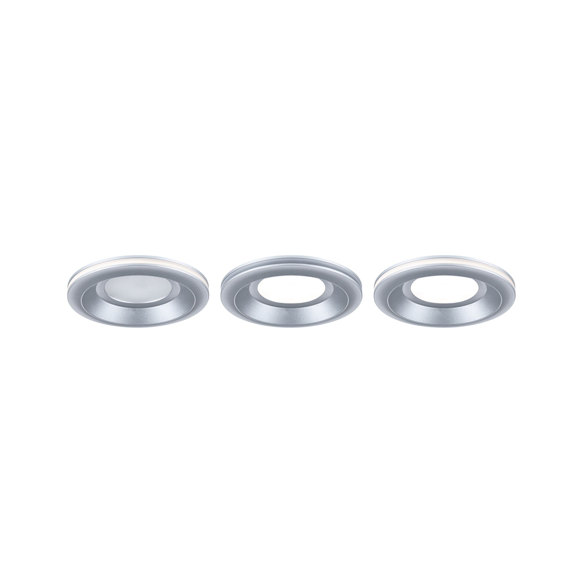 Drei runde Einbaustrahler aus silbernem Aluminium mit weißem LED-Ring für moderne Raumbeleuchtung