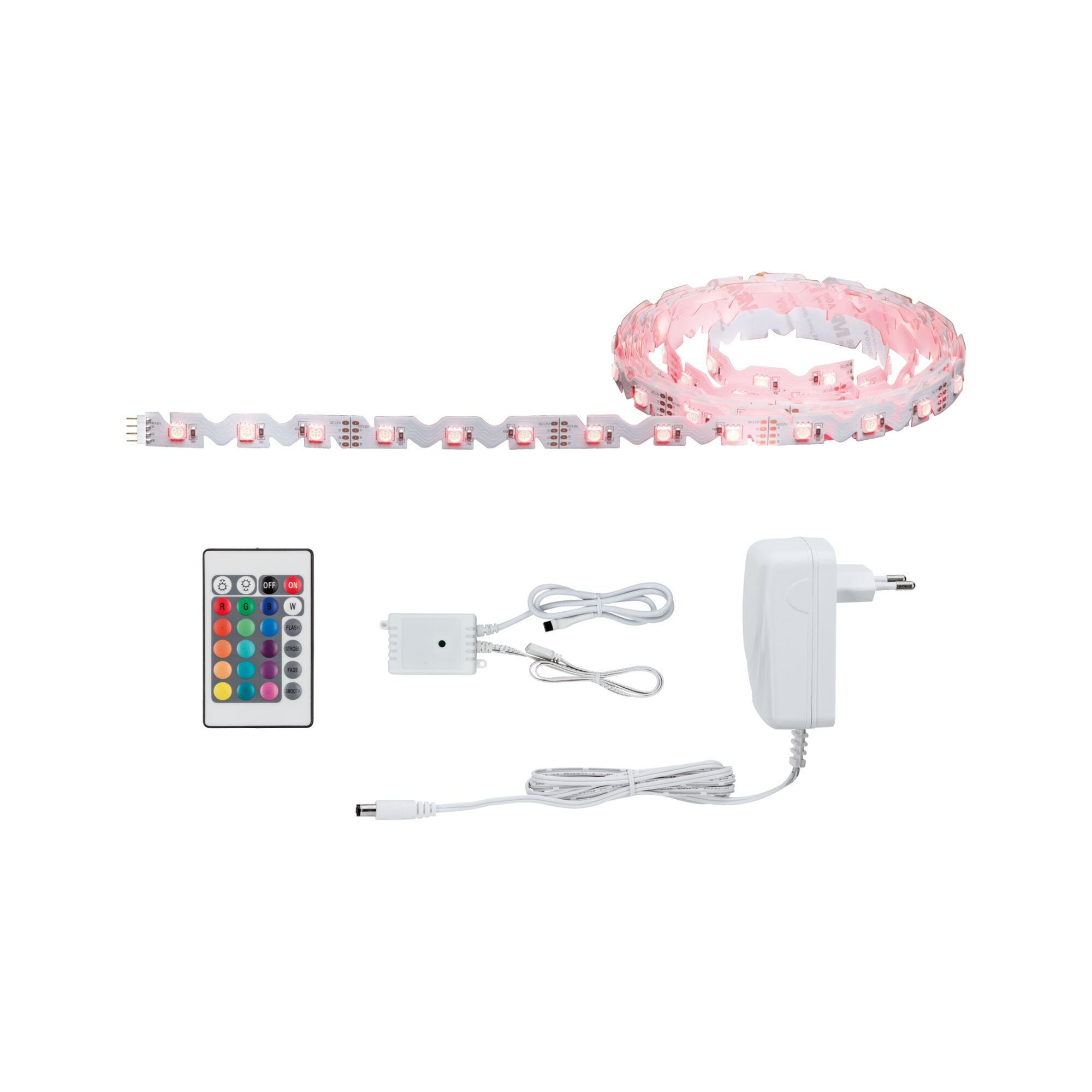 White LED strip light with remote and power adapter, RGB color control for ambient room lighting