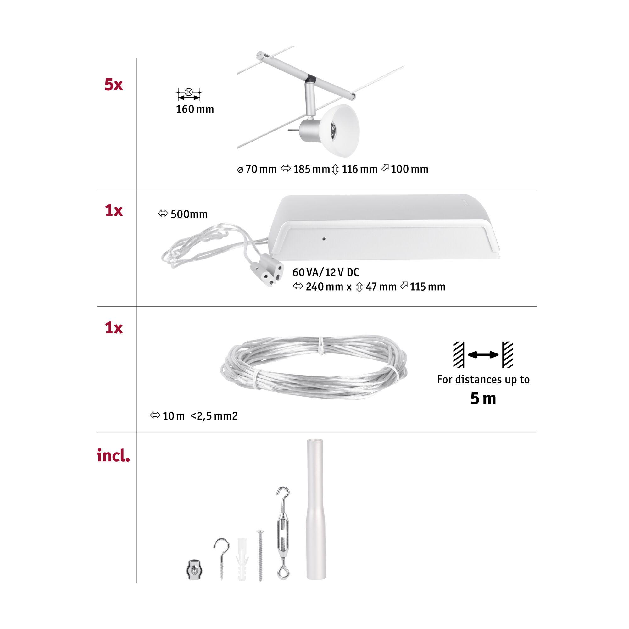 Technical drawing of white LED cable lighting system with dimensions and installation accessories