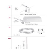Technical drawing of white LED cable lighting system with dimensions and installation accessories