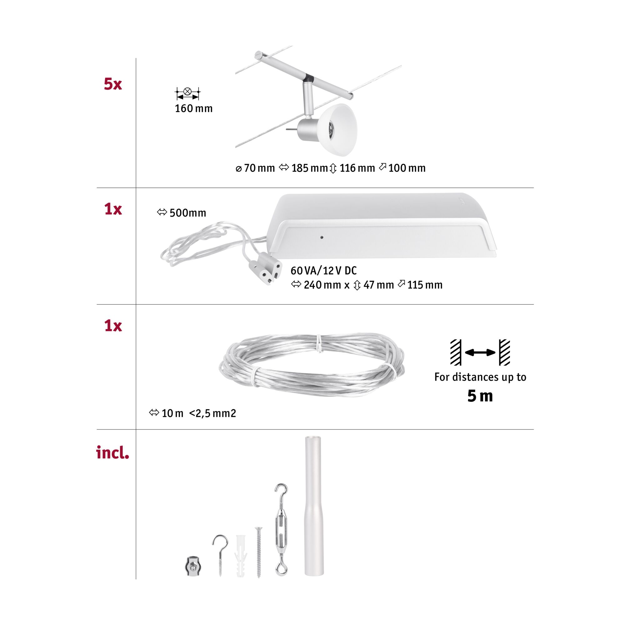 Technische Zeichnung eines weißen LED-Seilsystems mit Maßen und Zubehör für Beleuchtungskabel