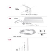 Technische Zeichnung eines weißen LED-Seilsystems mit Maßen und Zubehör für Beleuchtungskabel