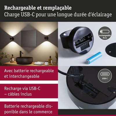 Applique murale noire rechargeable avec batterie remplaçable et charge USB-C pour un éclairage durable