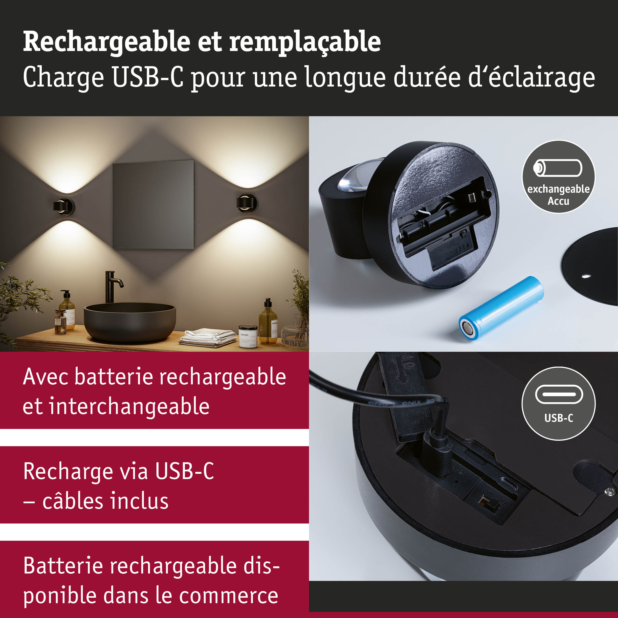 Applique murale noire avec batterie rechargeable et remplaçable USB-C pour un éclairage durable