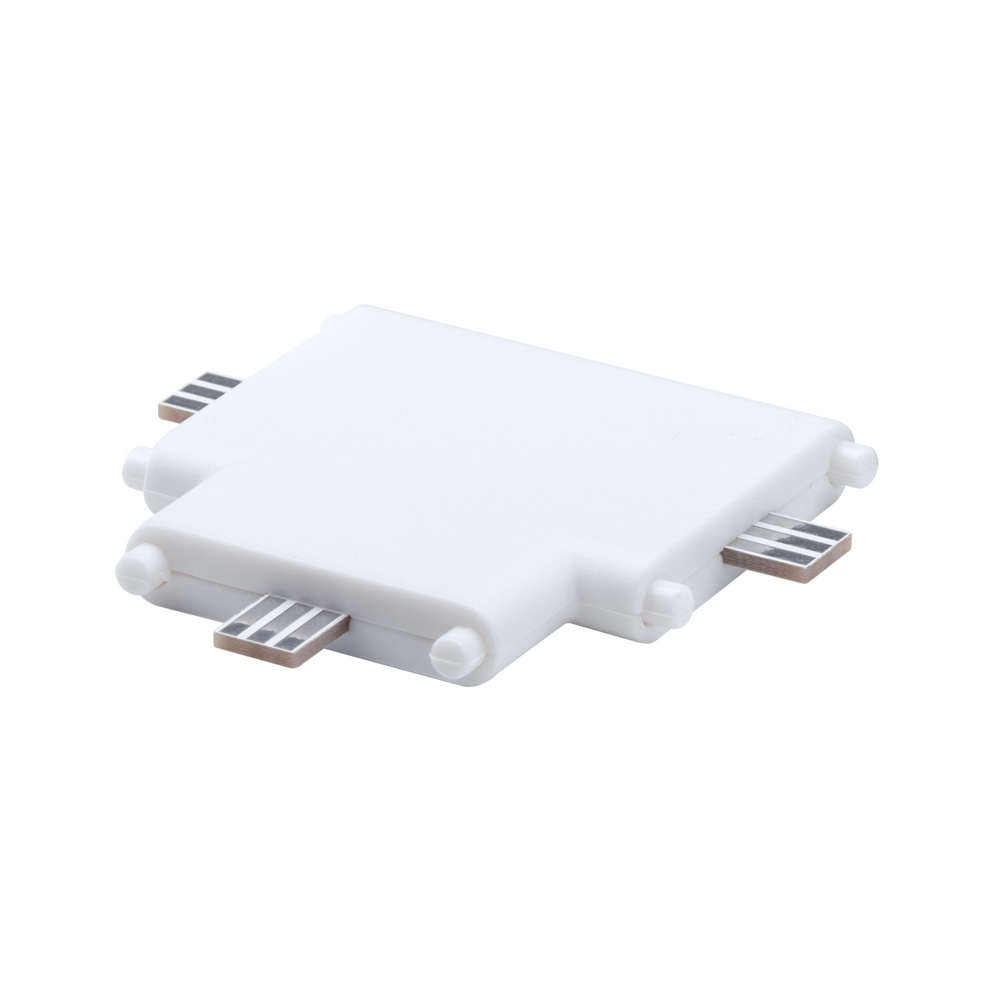 White plastic connector adapter for LED track lighting with three metal contacts