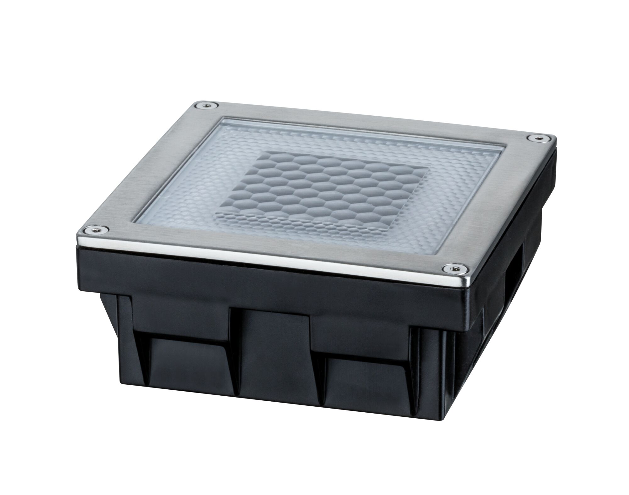 Quadratischer LED-Einbaustrahler mit Edelstahlrahmen und schwarzem Kunststoffgehäuse für Außenbeleuchtung