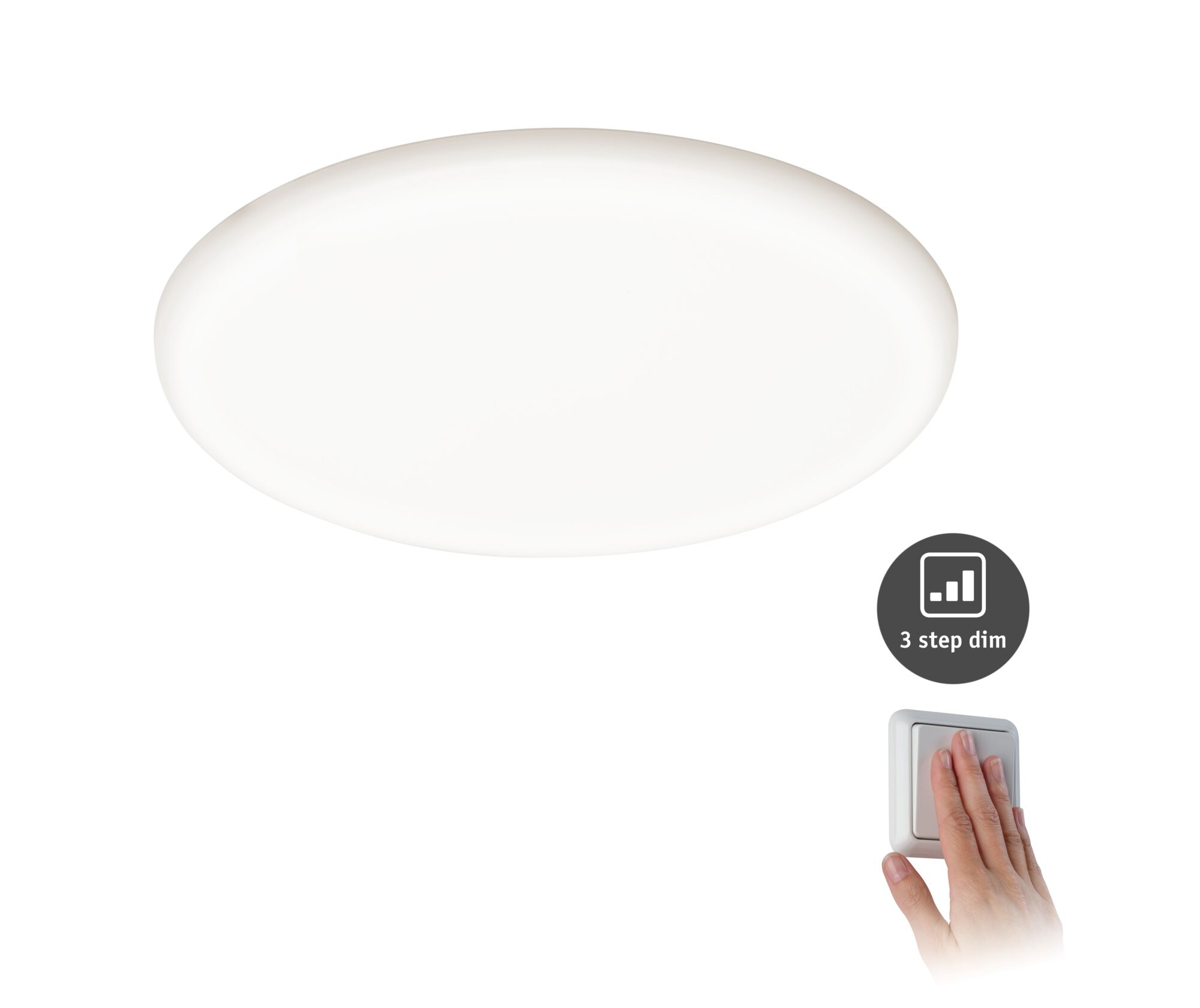 Round white LED ceiling light with 3-step dimming for energy-efficient room lighting