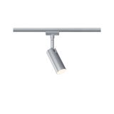 Modern silver metal LED spotlight for track systems, perfect for accent lighting in interiors.