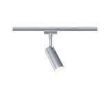 Moderner silberner LED-Strahler aus Metall für Schienensysteme, ideal für Akzentbeleuchtung.