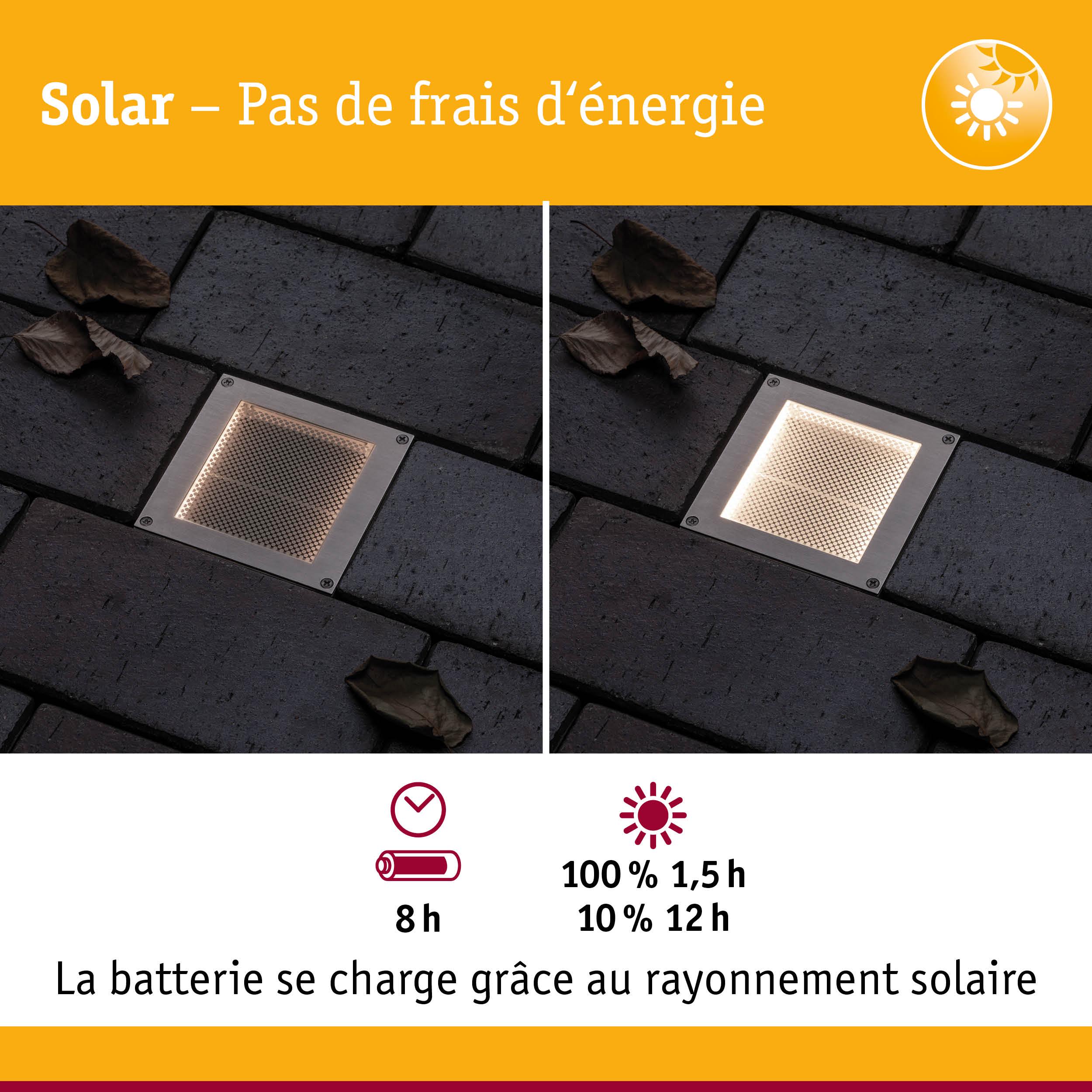 Éclairage LED au sol en acier inoxydable solaire avec temps de charge et autonomie sur pavé