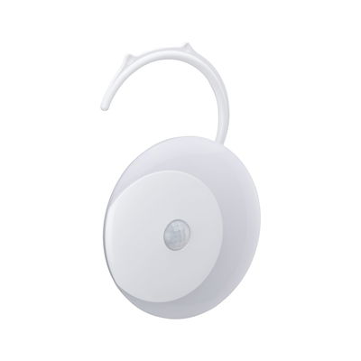 White round plastic motion sensor with hook for easy mounting and light control in home automation