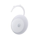 White round plastic motion sensor with hook for easy mounting and light control in home automation