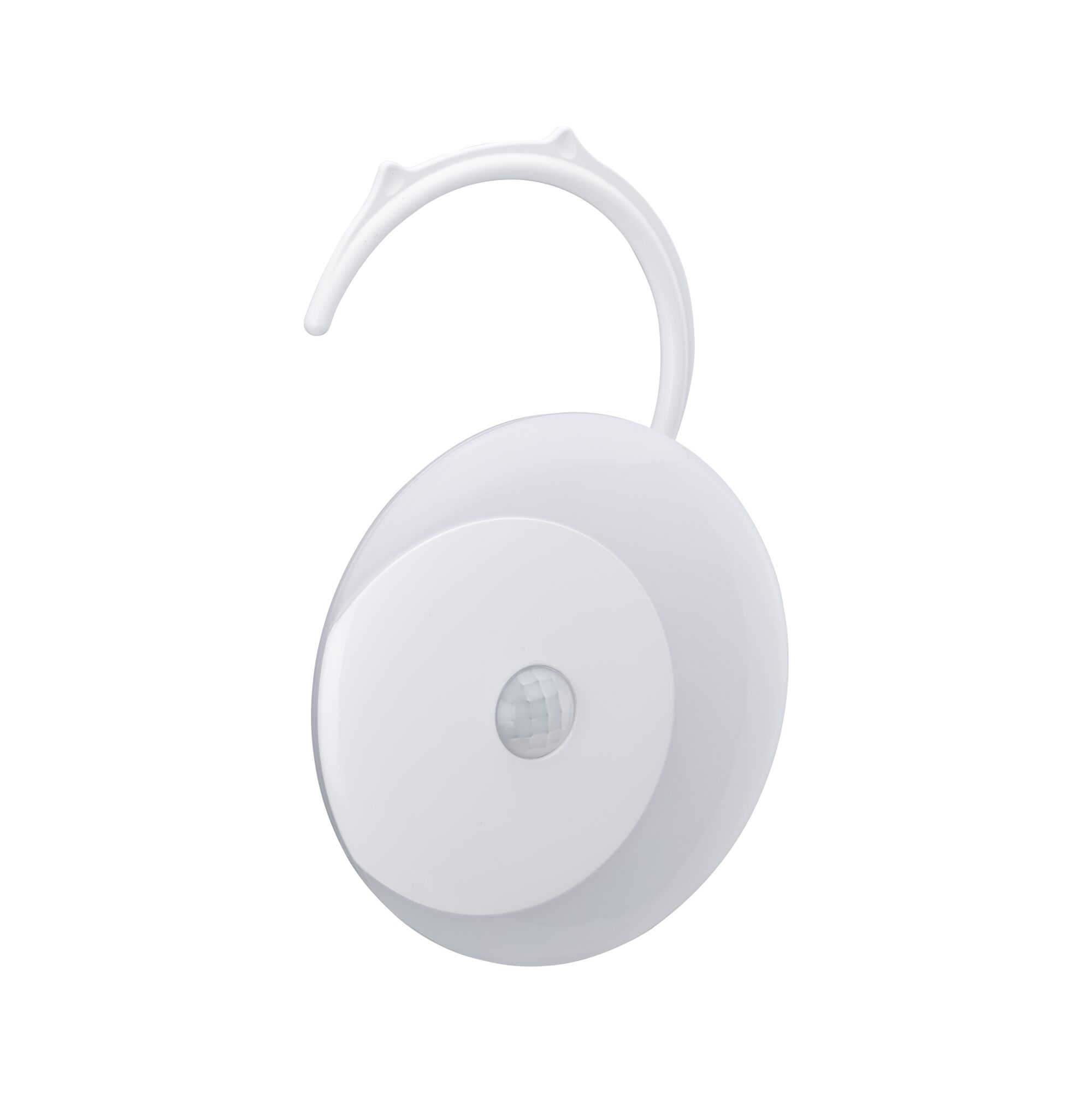 White round plastic motion sensor with hook for easy mounting and light control in home automation